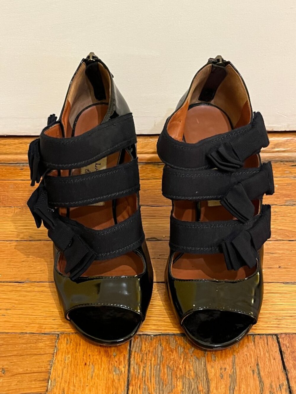 Lanvin Patent Leather Heels with Bow Accents and Rhinestone Detailing, EUSize 38